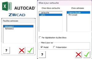 Mise à jour de blocs avec attributs dans les onglets Objet et Présentations sur Autoacd et ZWcad.